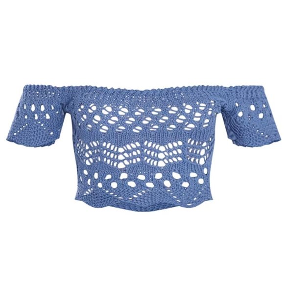 PrettyLittleThing Tops - Women's PrettyLittleThing Petite Blue Crochet Knit Bardot‎ Top